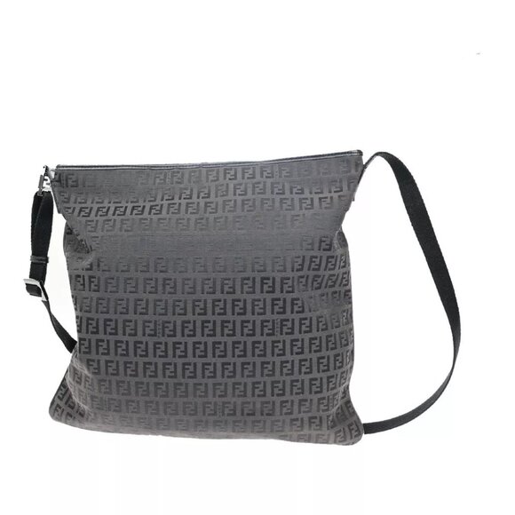 FENDI Logo Zucca Pattern Shoulder Bag Canvas Leather Black Brown Italy 32KA326 - Picture 3 of 13